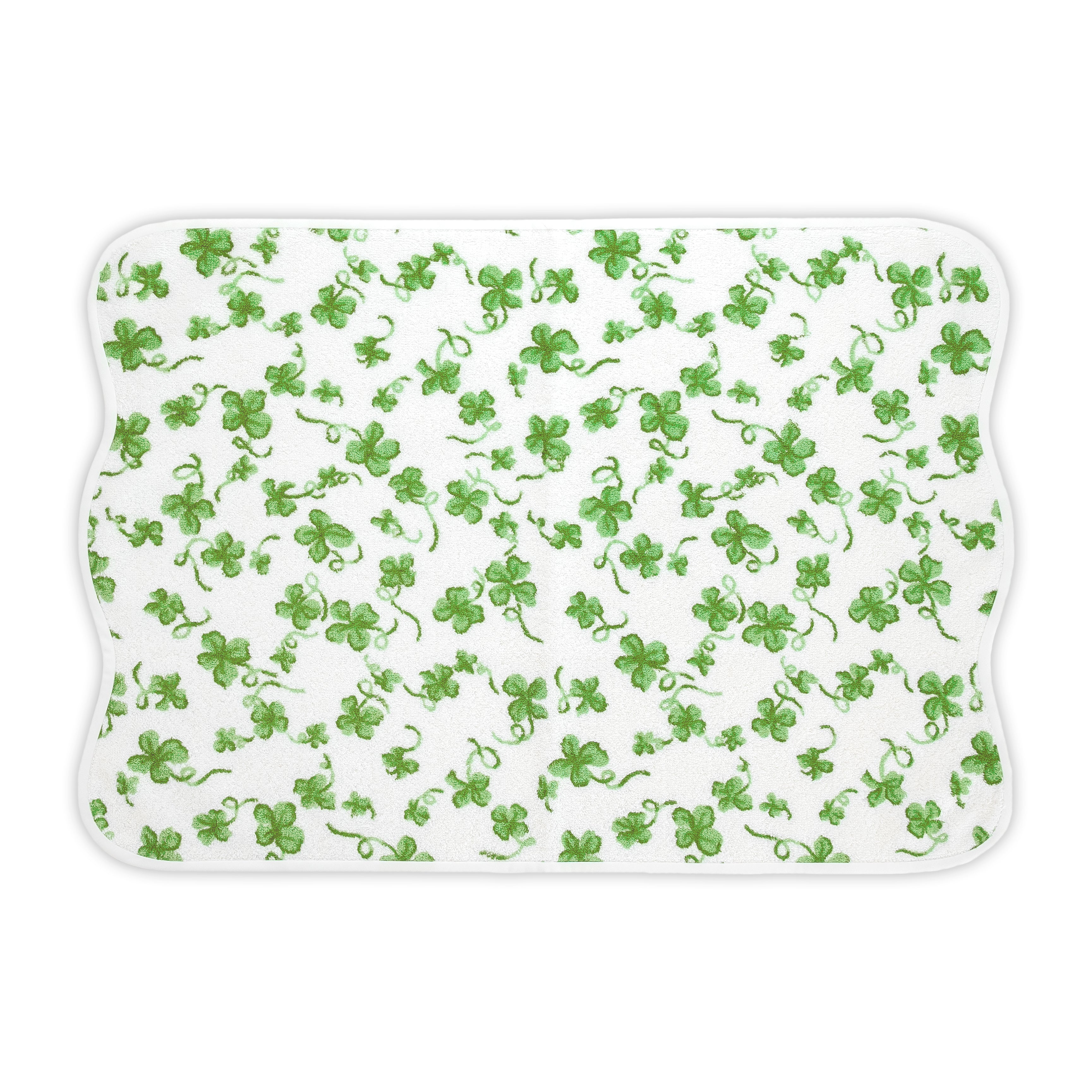 Printed green clovers, Trefles print, hand towel on a solid white background.
