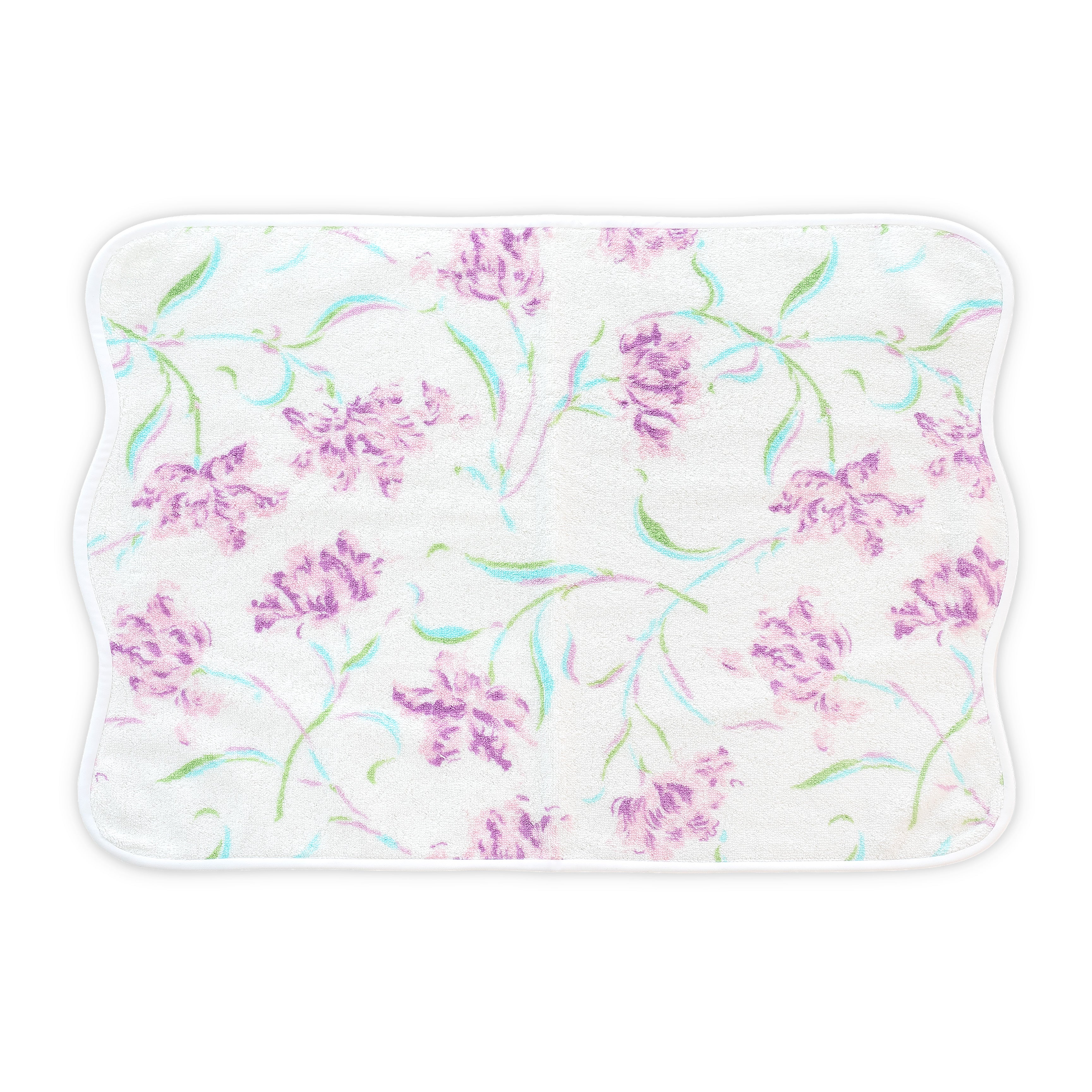 White Hand towel with lilac, blue and green floral print. Hand towel shows with a wavy white bias. On a white background.