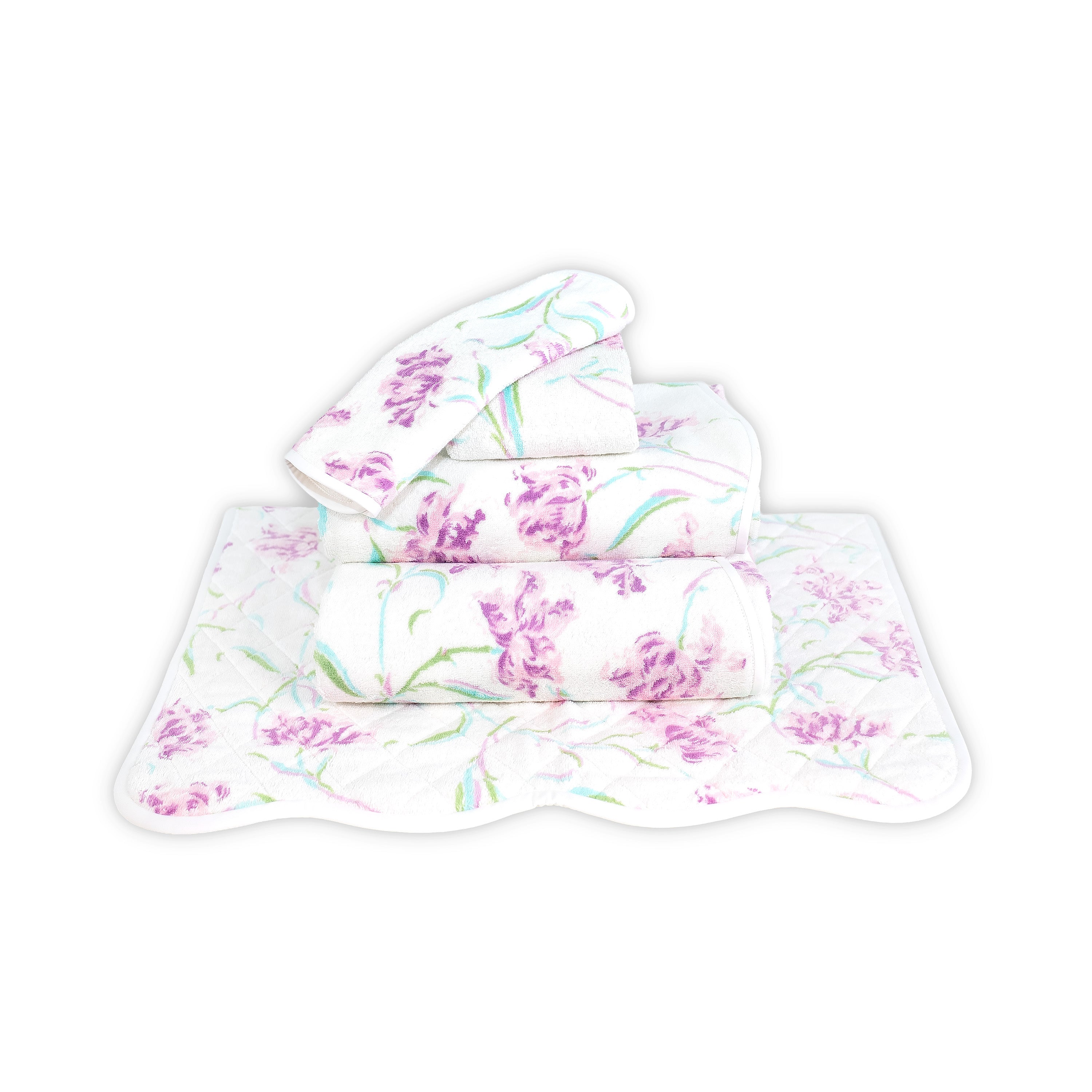 Printed lilac, green and blue floral print, Folded Towel stack. Showing 1 of each size, from bottom to the top: Bathmat, Bath Sheet, Bath Towel, Hand Towel and Washcloth on a solid white background.