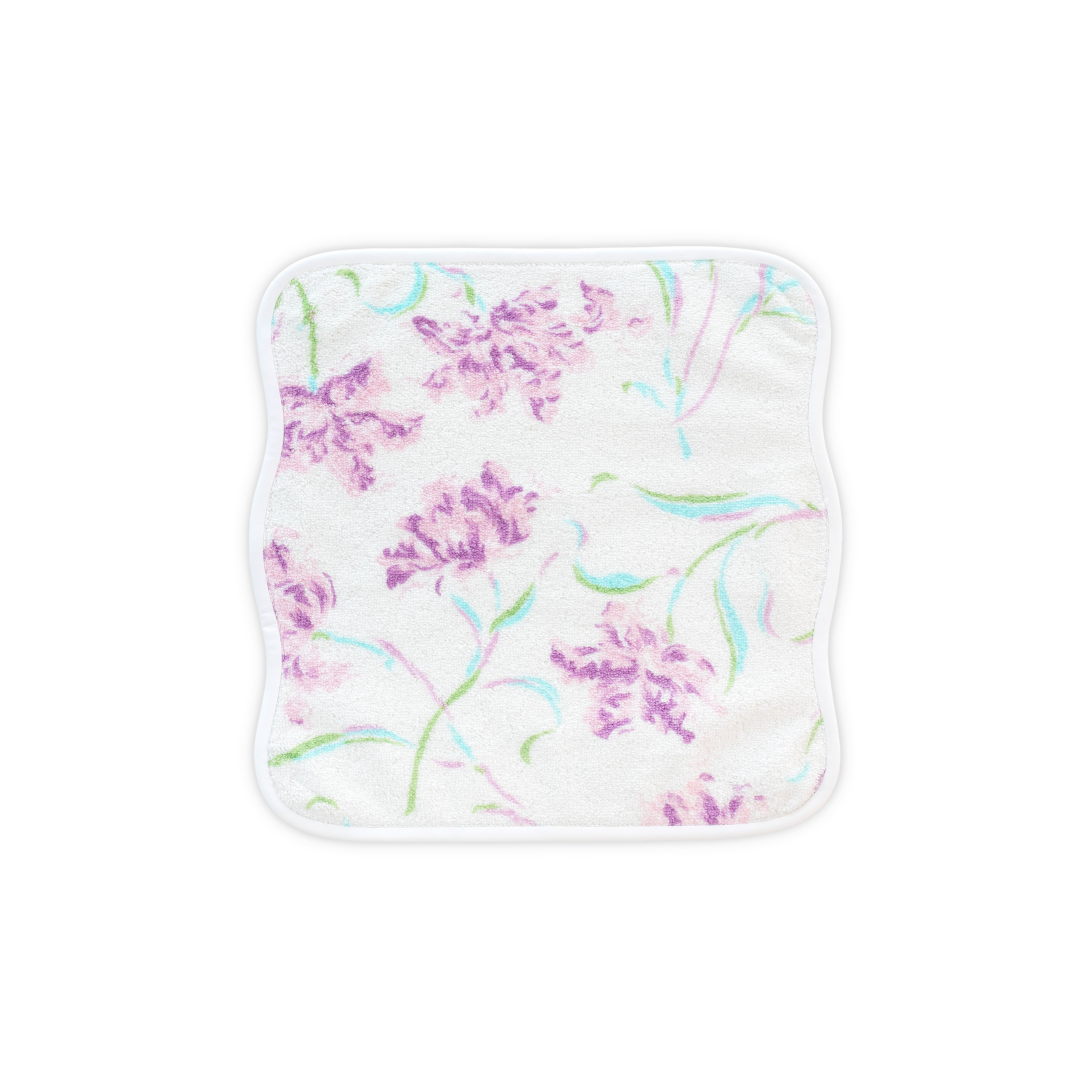 White washcloth with violet, green and blue floral print. Washcloth shows with a wavy white bias. On a white background.