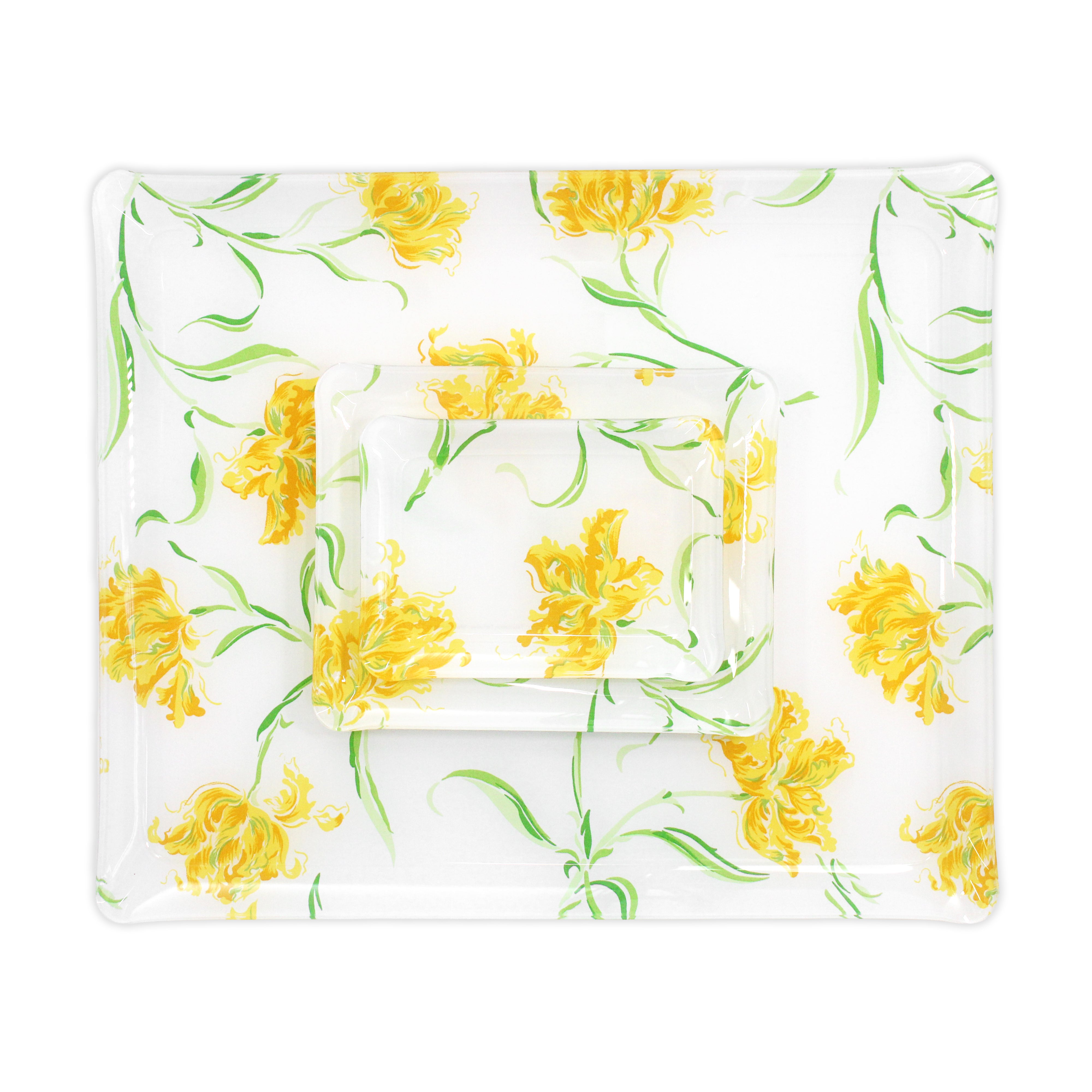 Printed Laminated Trays, group of all 3 trays, top to bottom: small, medium and large. Each tray in yellow florals with green leaves/stems, Tulipe Perroquet Yellow print.