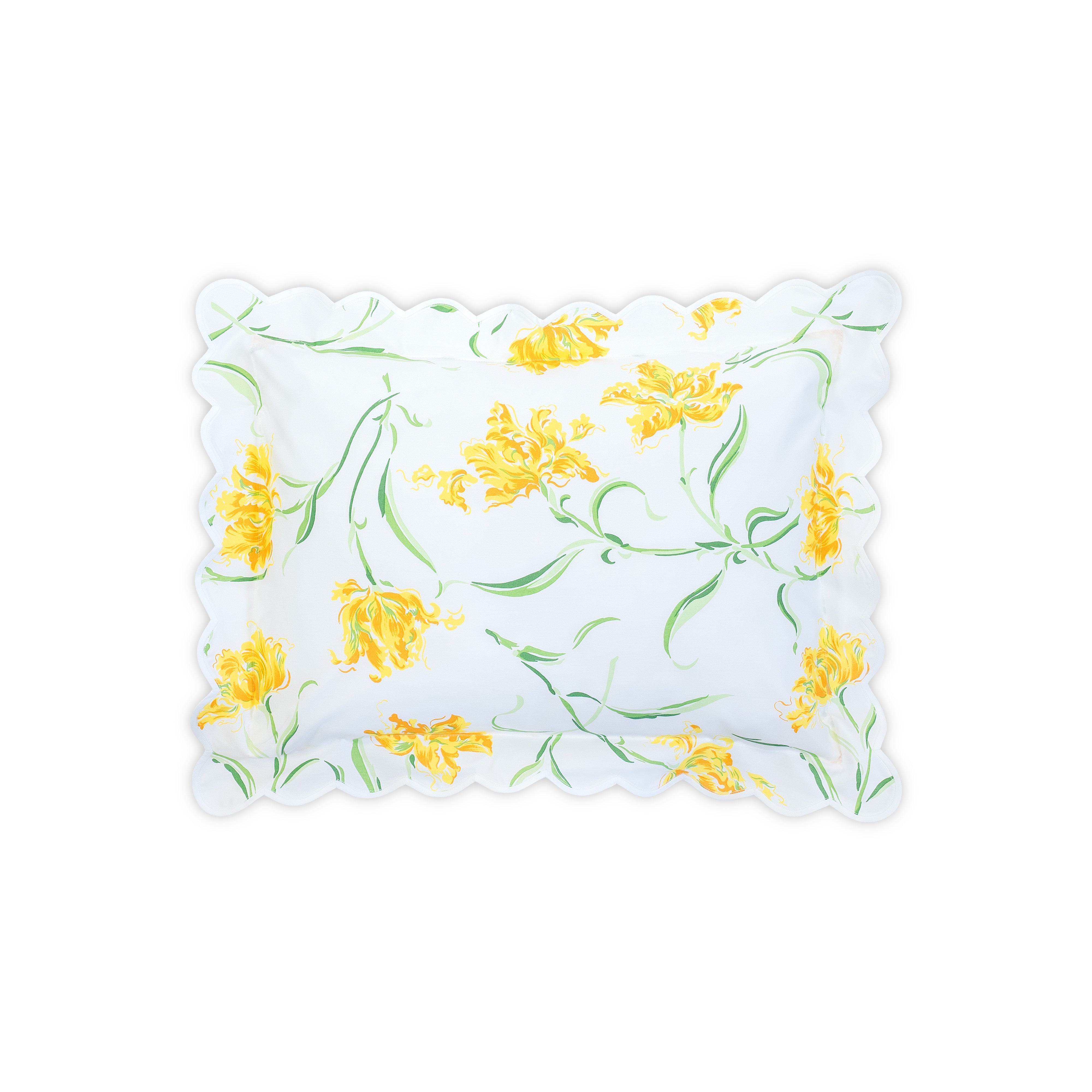 yellow and green floral-pattern printed boudoir sham with a scalloped white bias, shown on a white background.