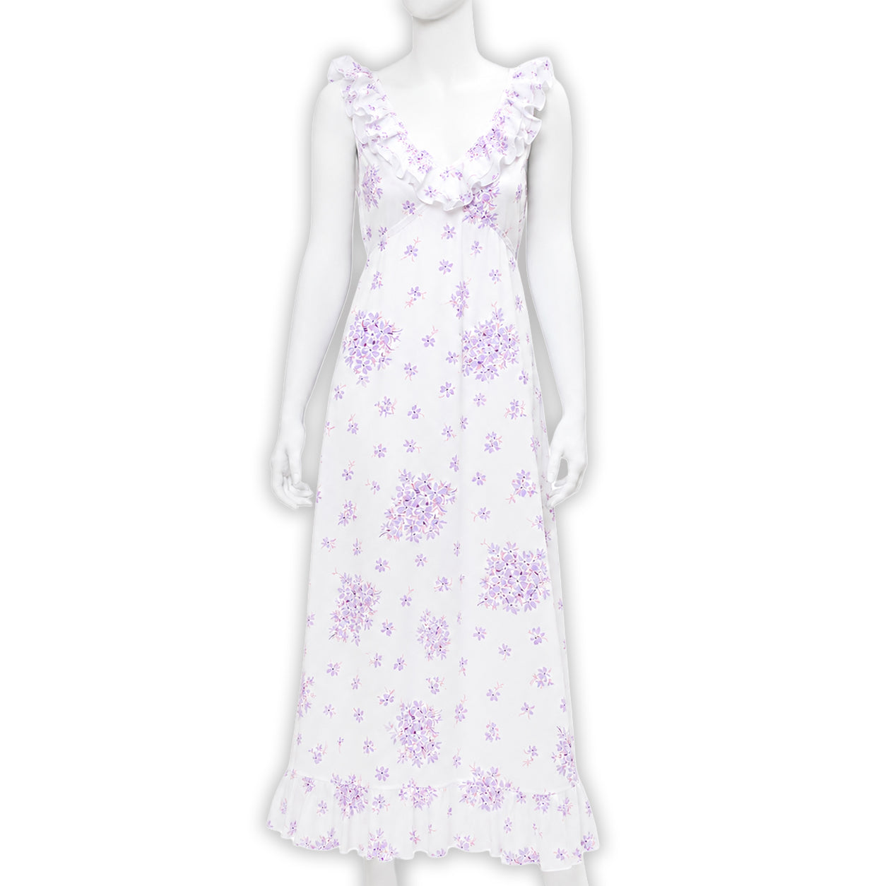 Lilac florals long nightgown, bias cut printed cotton voile with tie and V-neck ruffle in the front and back. Displayed on mannequin with a white background.