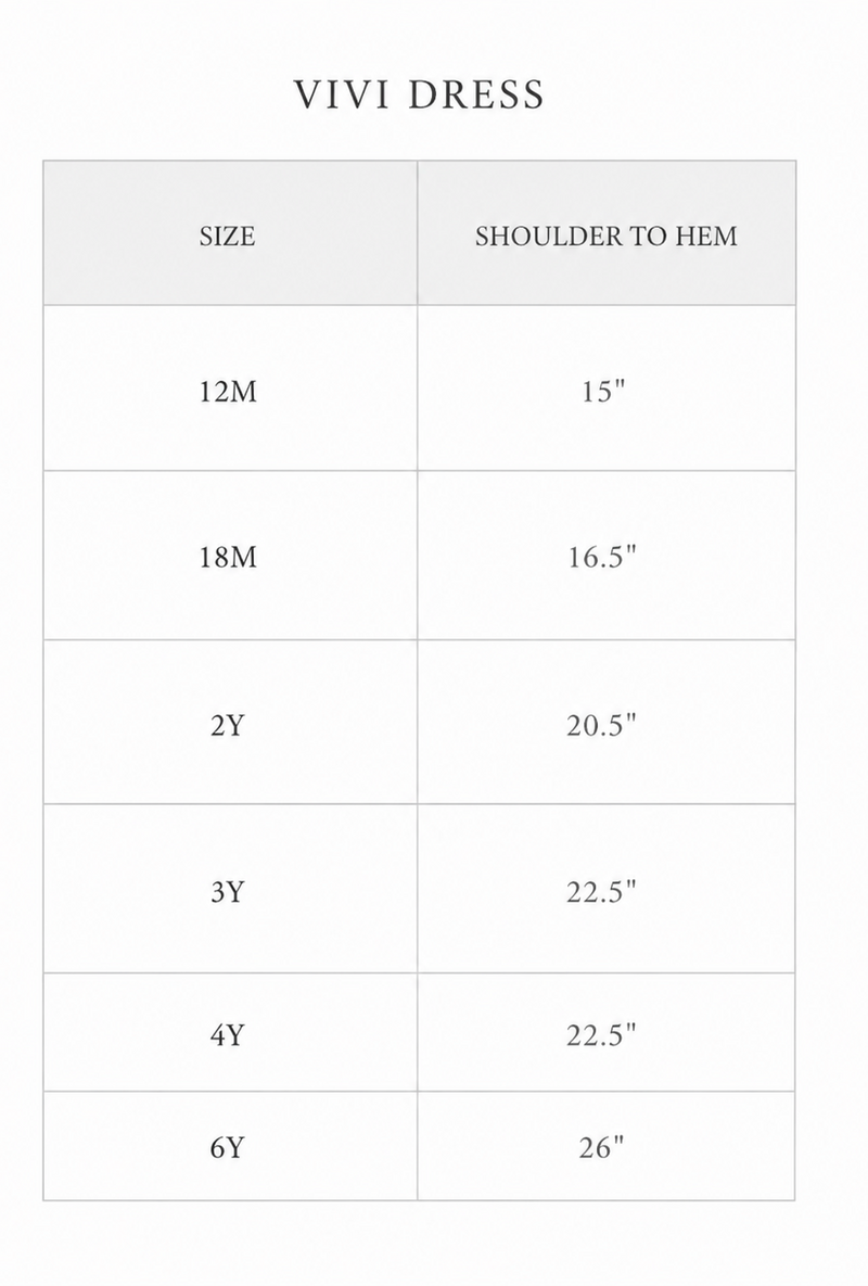 size chart for vivi dresses