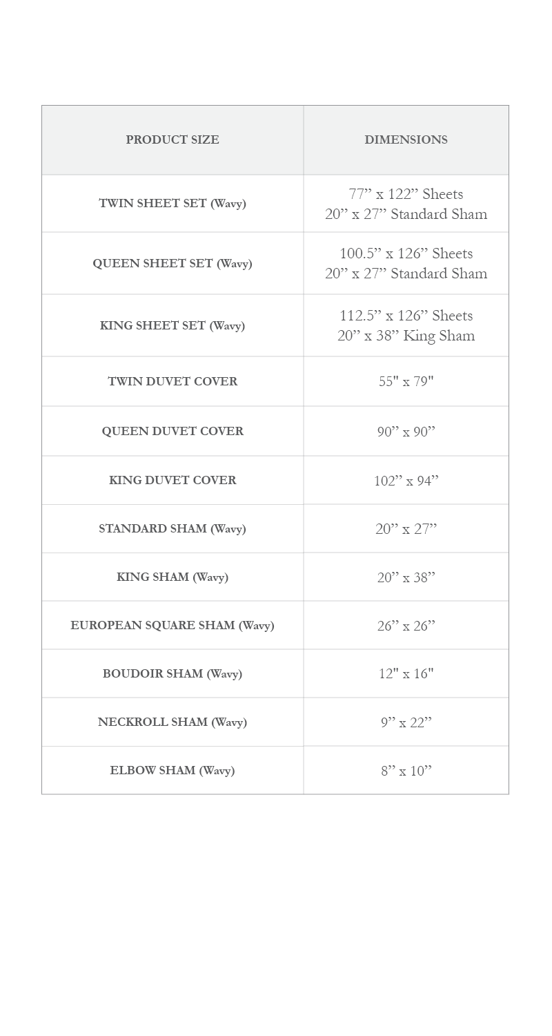 Size chart for wavy bedding