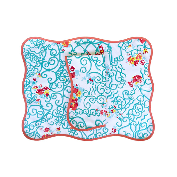 Fer Forgé Fleuri Turquoise/Red Printed Placemat/Napkin Set