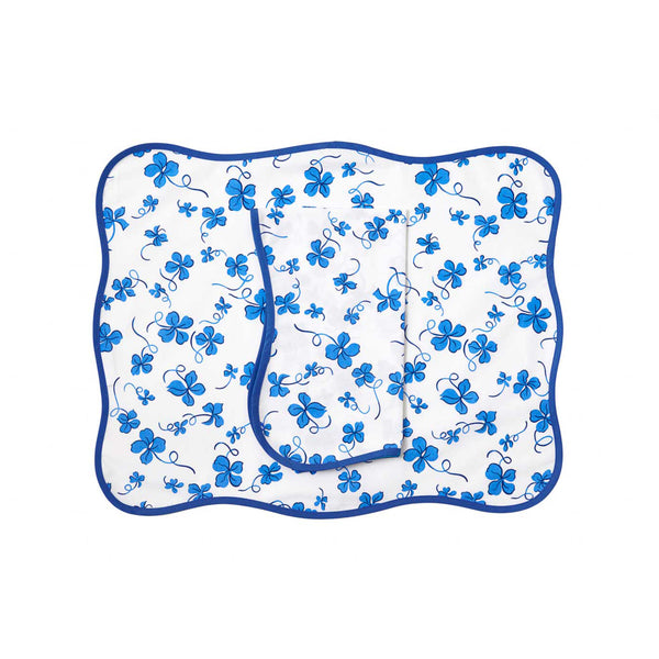Trèfles Blue / 48 件蓝色斜纹印花餐垫/餐巾套装