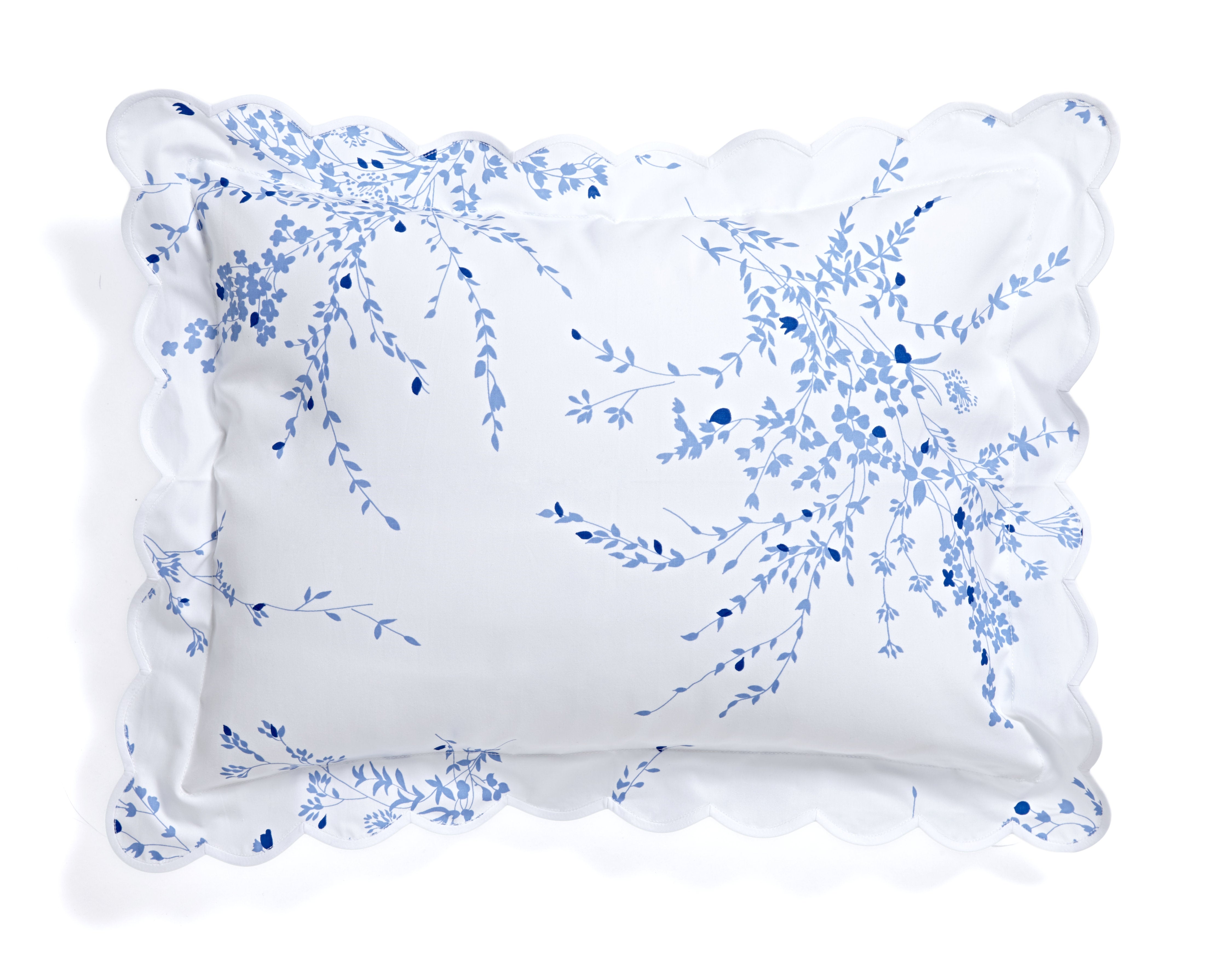 D.Porthaultディ.ポルトー青と白の花柄 フリル付きクッション大小2個 Jeté de Fleurs Blue Bed Linens