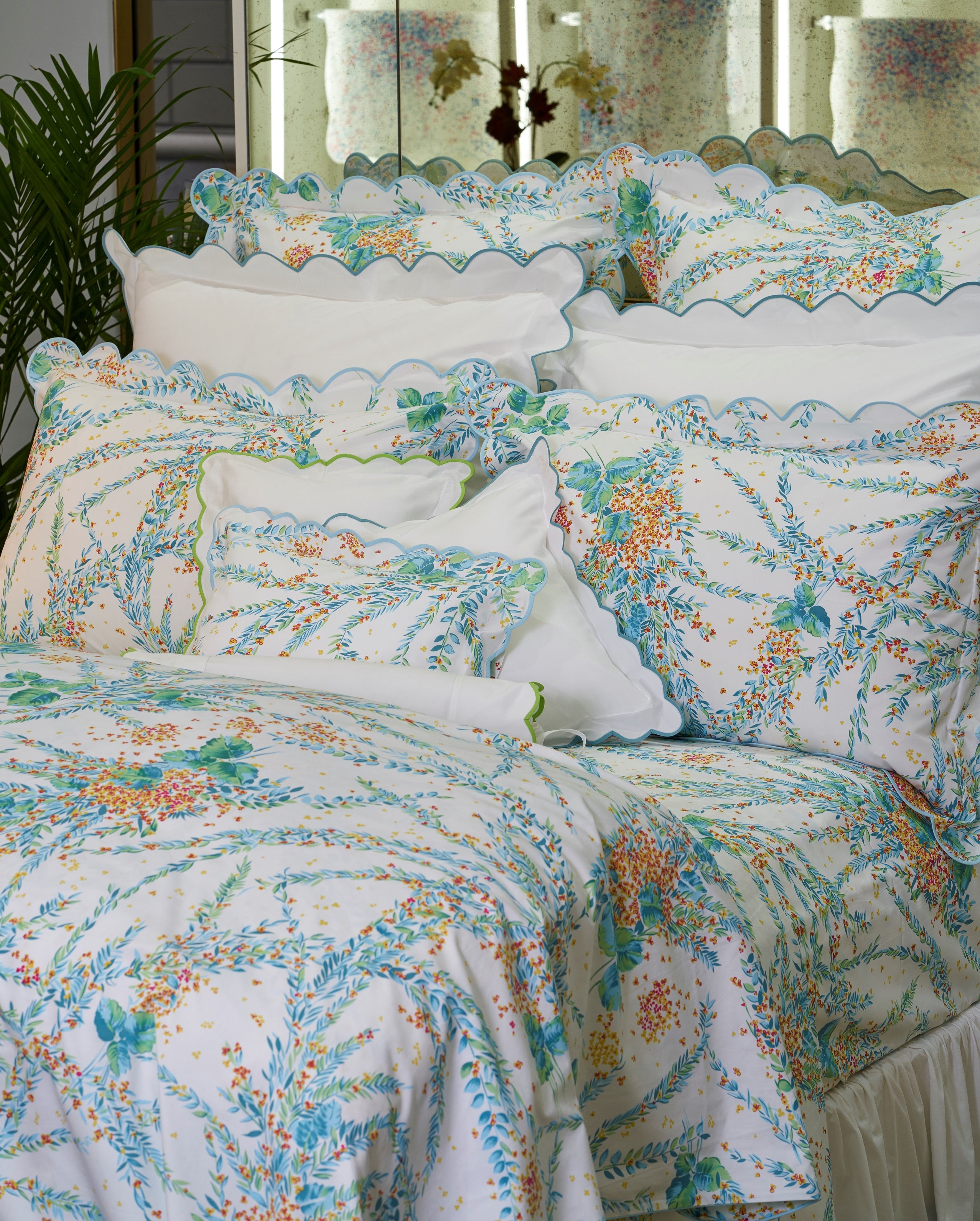 White with #5503 DP Blue Scallop Bed Linens