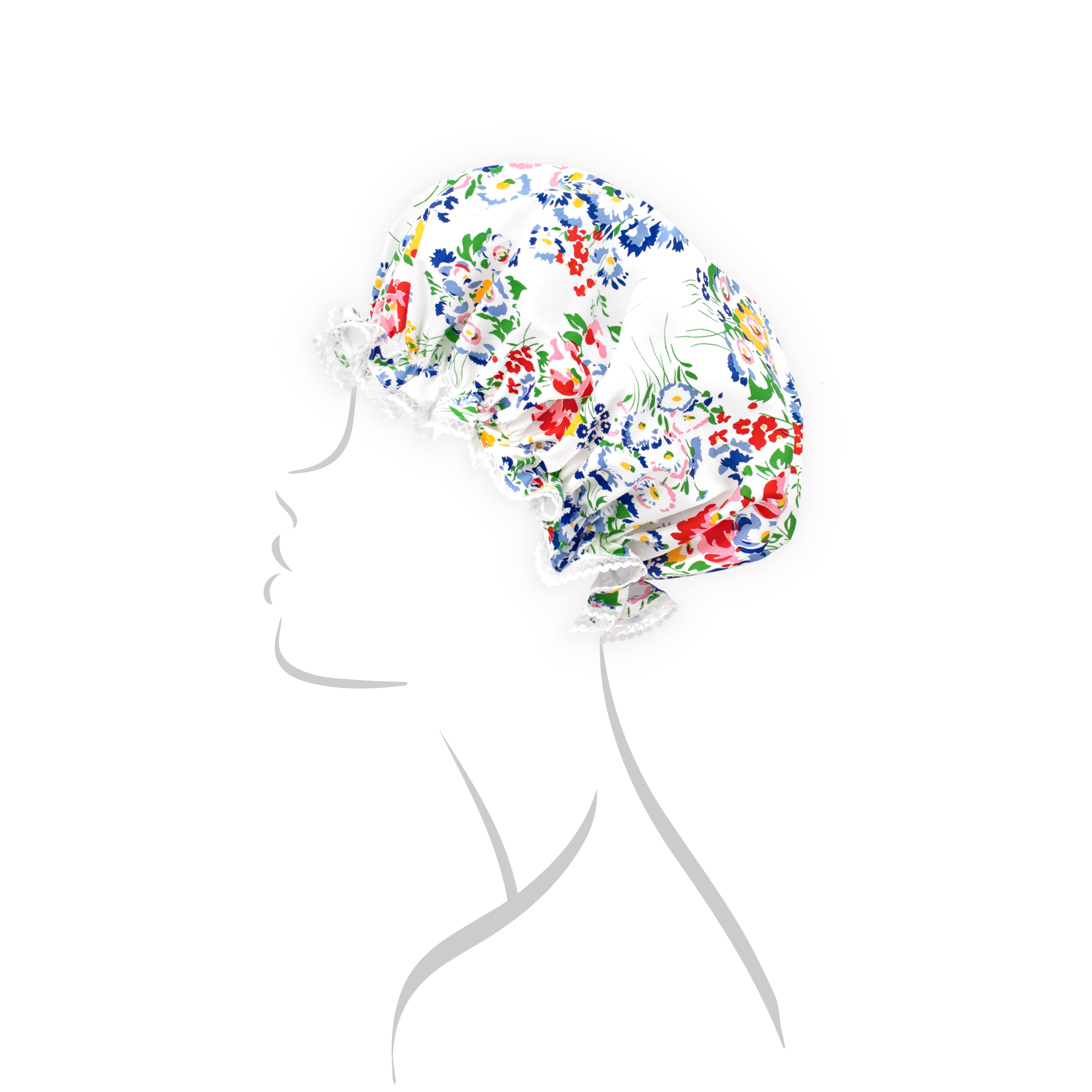 Multi-colored floral-pattern on a shower cap, with white lace, shown on a line-drawing of a female figure