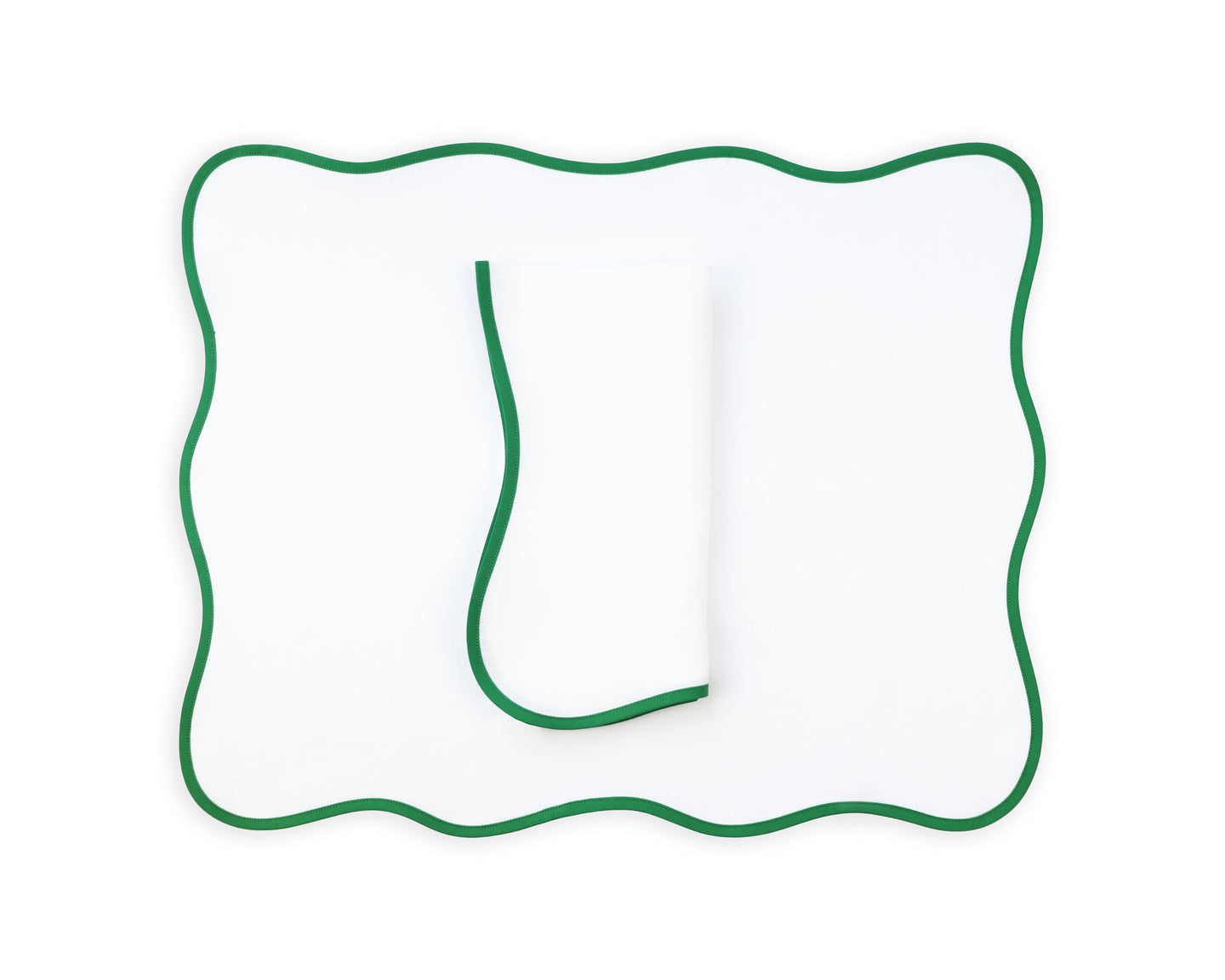 Solid White / Green Bias Linen Placemat/Napkin Set