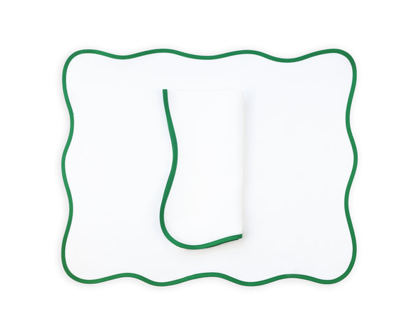 纯白色/绿色斜纹亚麻餐垫/餐巾套装