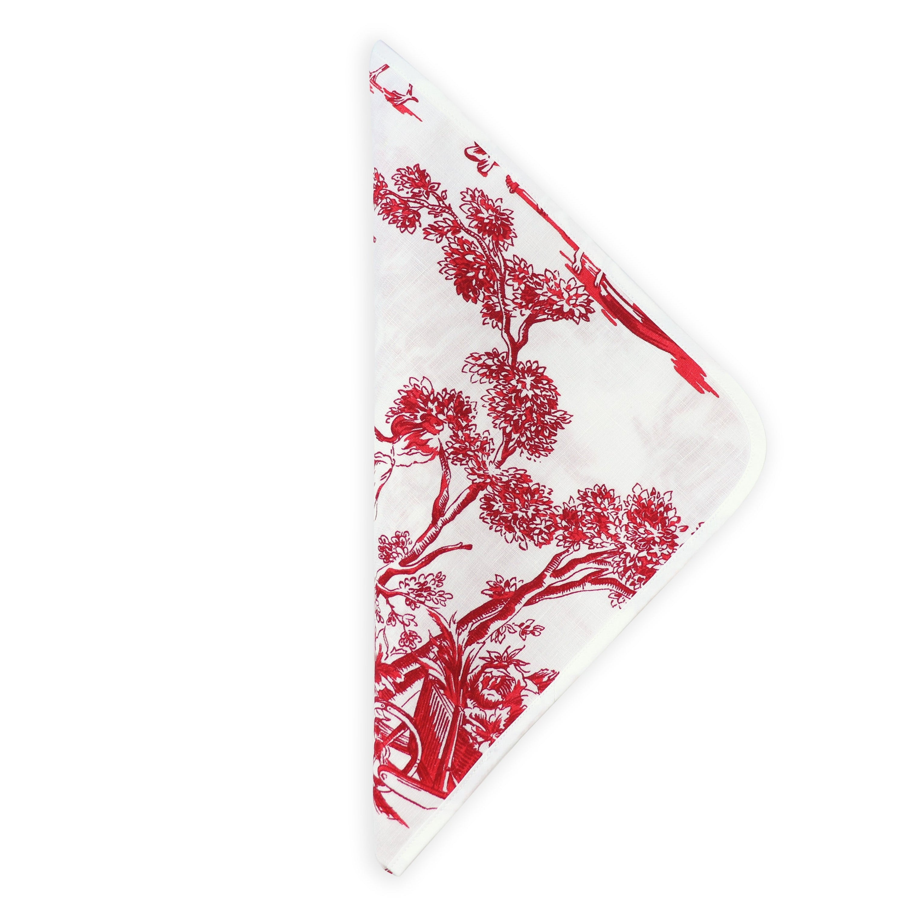 A red and white linen napkin with a floral pattern and straight white border, displayed on a white background.