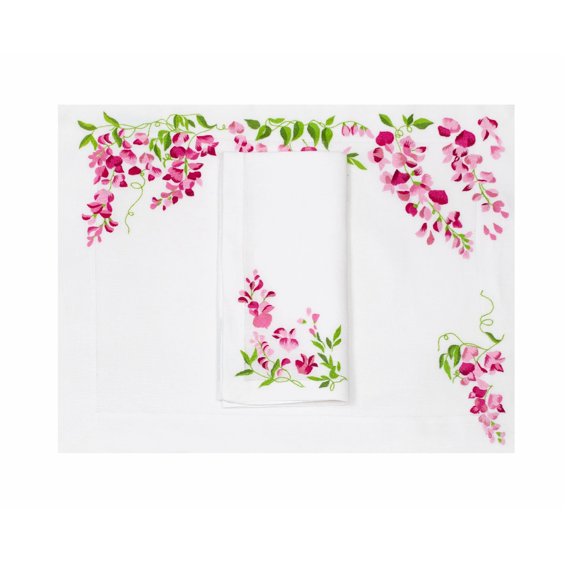 Glycines Pink/Green Emb. Placemat/Napkin Sets