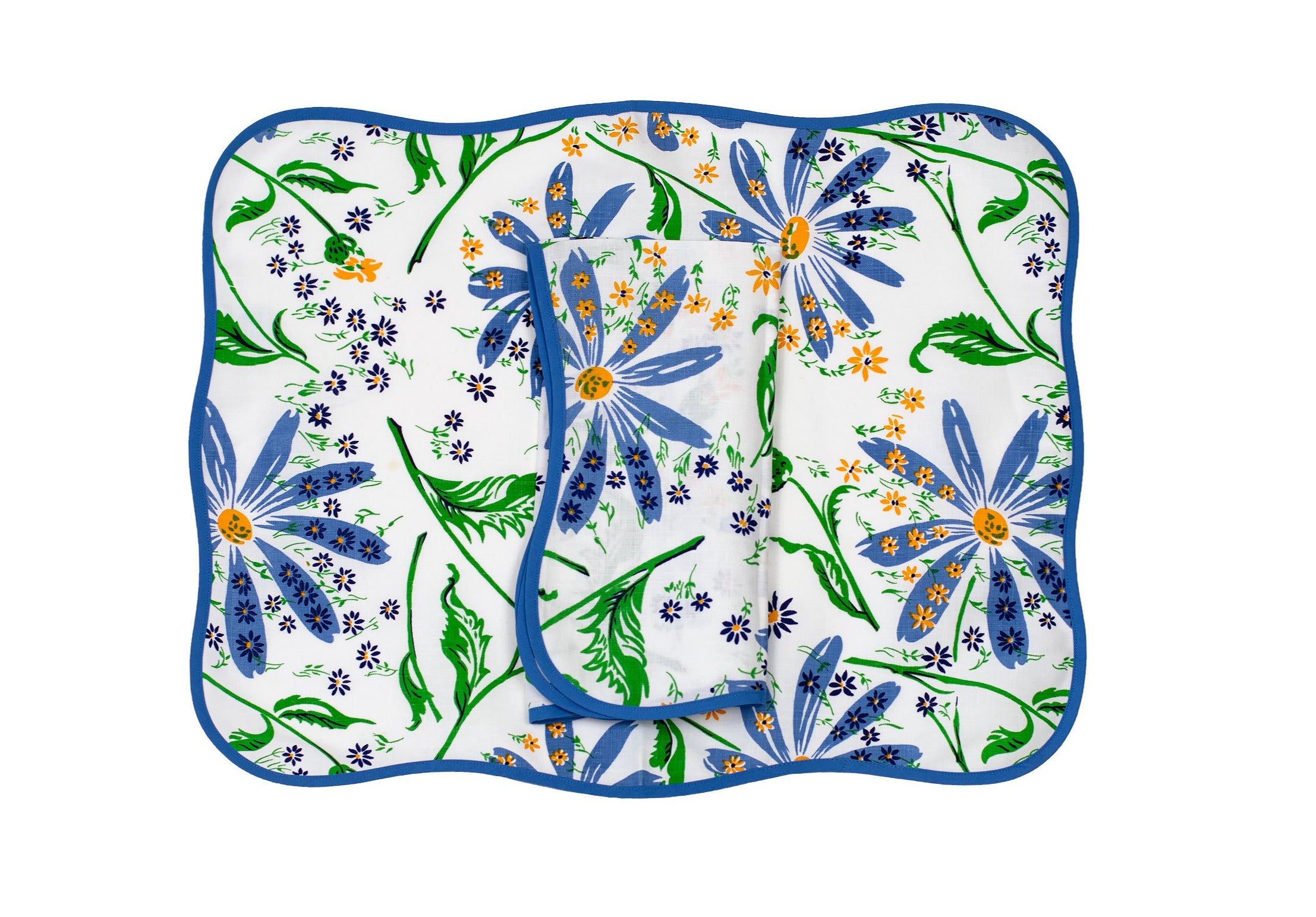 Marguerites Blue/Green Printed Linen Placemat/Napkin Set