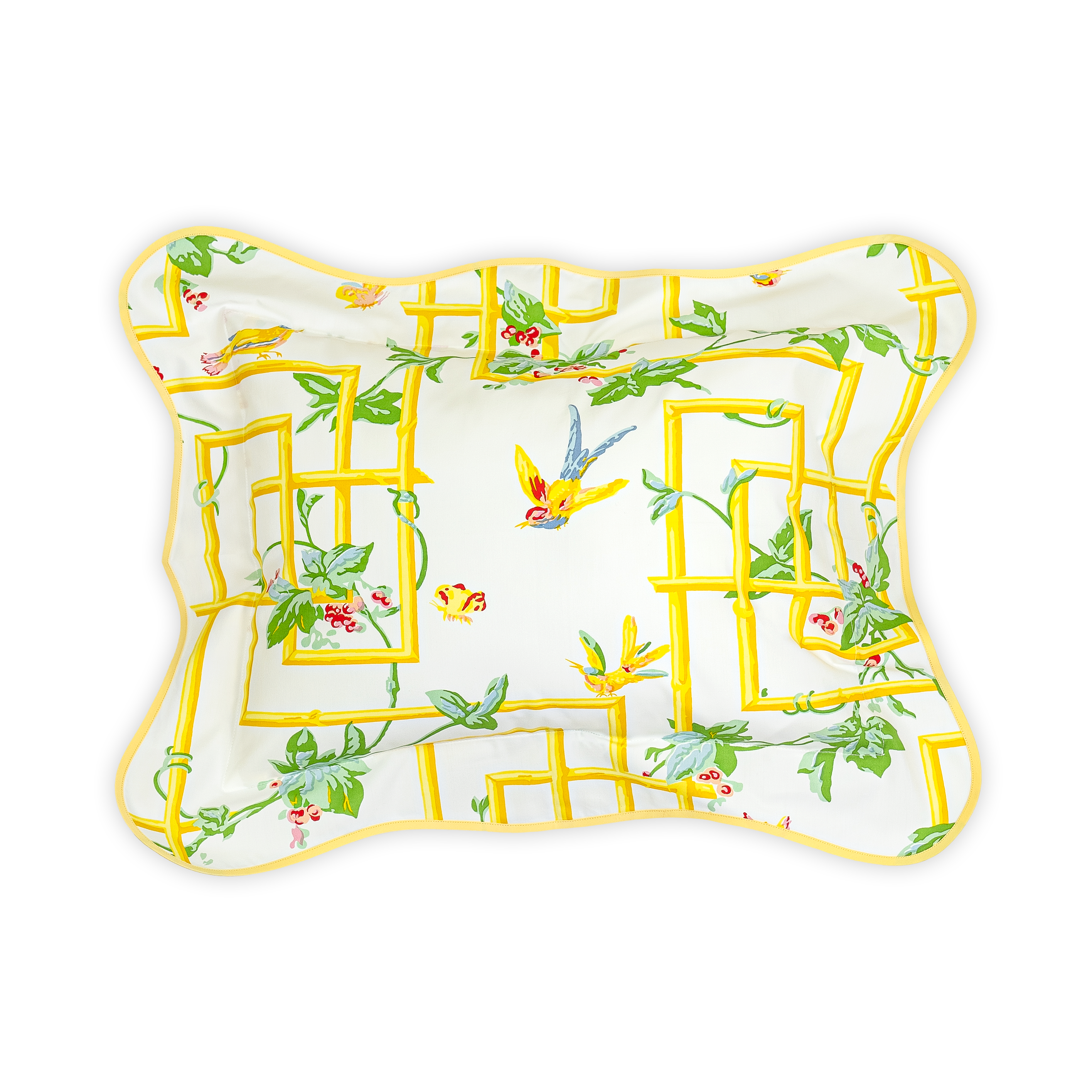 A rectangular boudoir pillow with a yellow and green pergola pattern and wavy yellow bias trim.